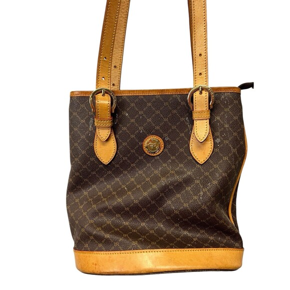 Vintage Rioni Brown Canvas Logo Print Tote Shoulder Bucket Bag Handbag Italy - Picture 2 of 16